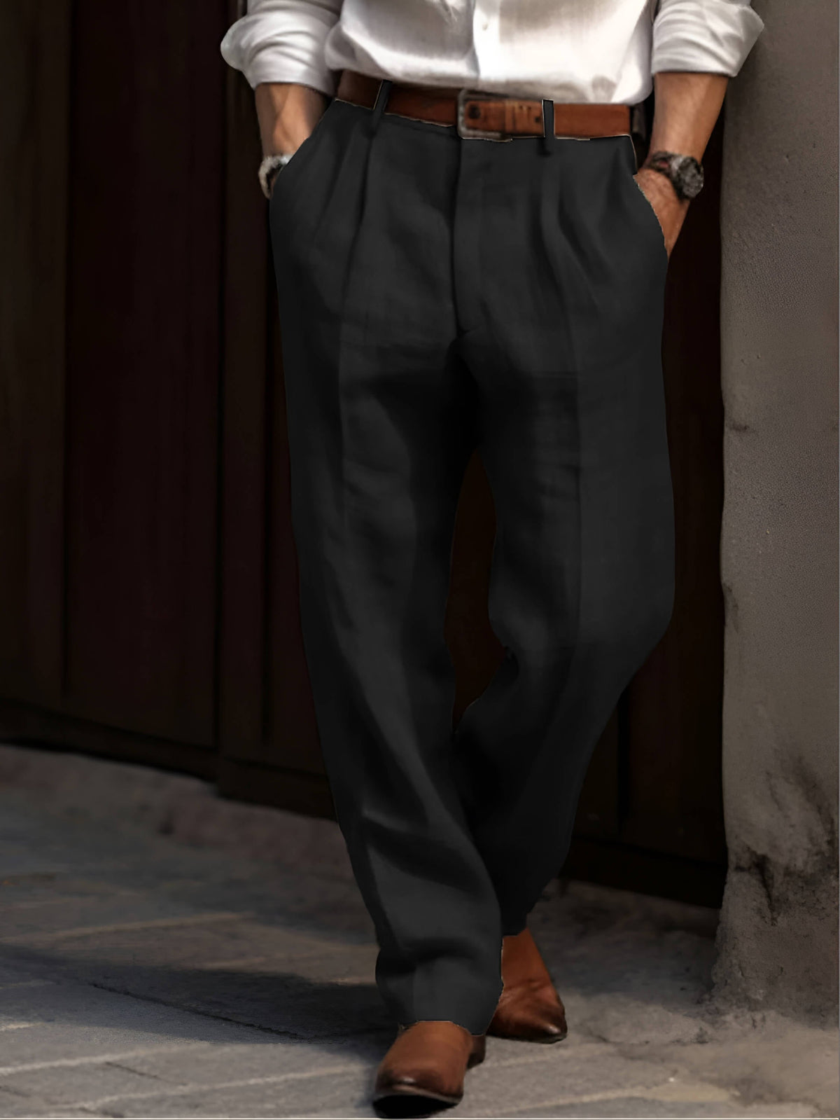 Homixa Delnora men's cotton-linen trousers with straight legs, side pockets, belt loops, and front pleats displayed in the image.