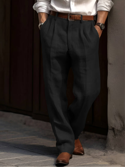 Homixa Delnora men's cotton-linen trousers with straight legs, side pockets, belt loops, and front pleats displayed in the image.