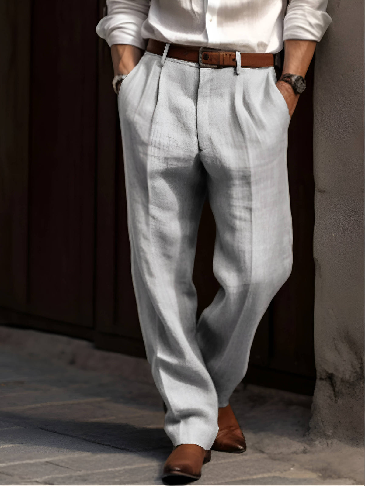Men's linen trousers by Homixa with straight legs, side pockets, belt loops, and front pleats, made from cotton-linen blend.