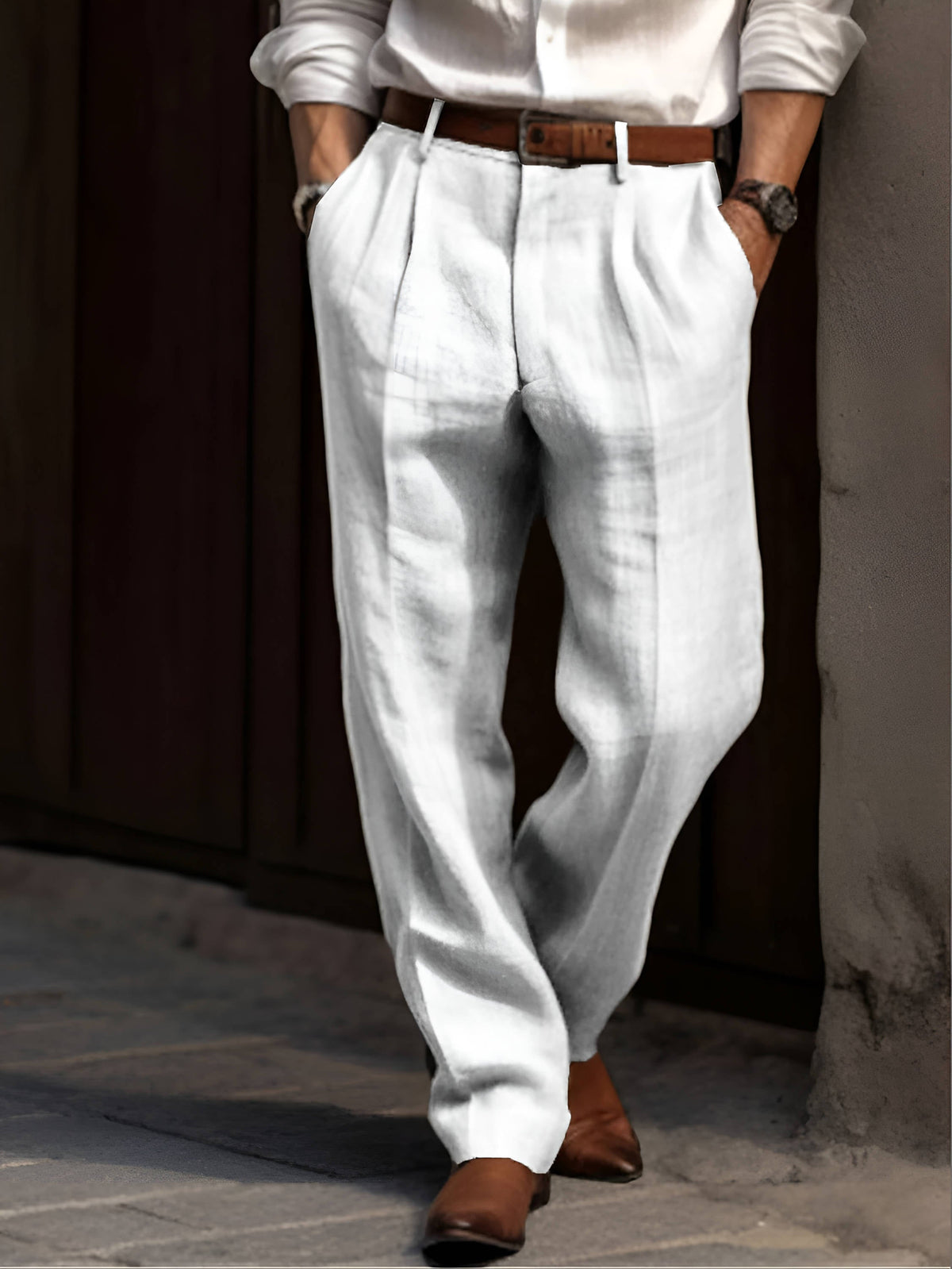 Homixa Delnora men's cotton-linen trousers with straight legs, side pockets, belt loops, and front pleats, in a natural fabric finish.