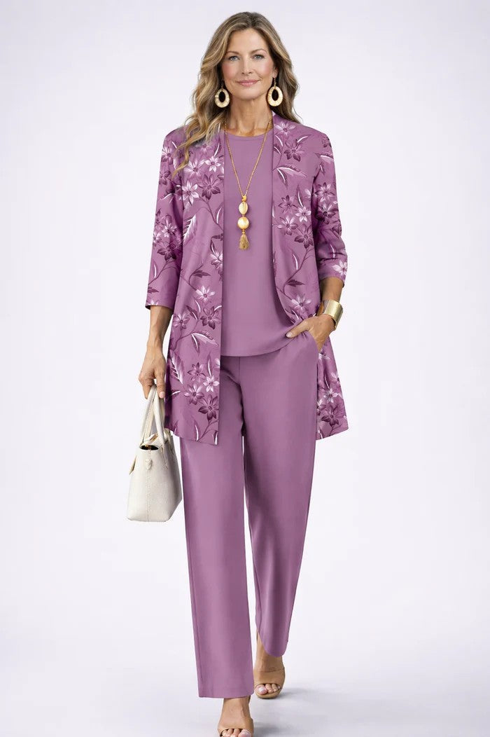 Iris | Women's Leaf-Print Long-Cardigan 3-Piece Pant Set - product image 5