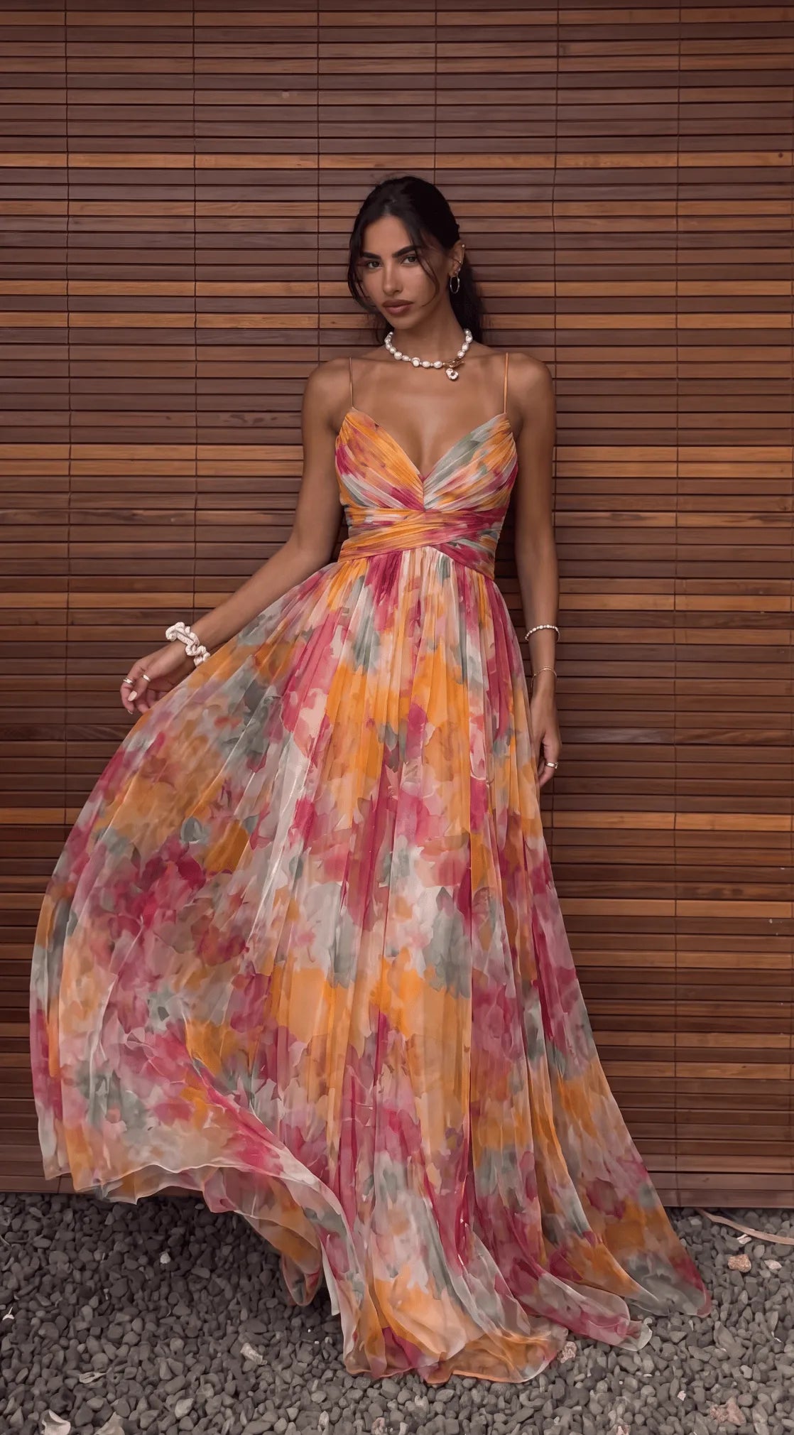Homixa women's floral spaghetti strap maxi dress with vibrant summer print, flowing fabric, and sleeveless design.