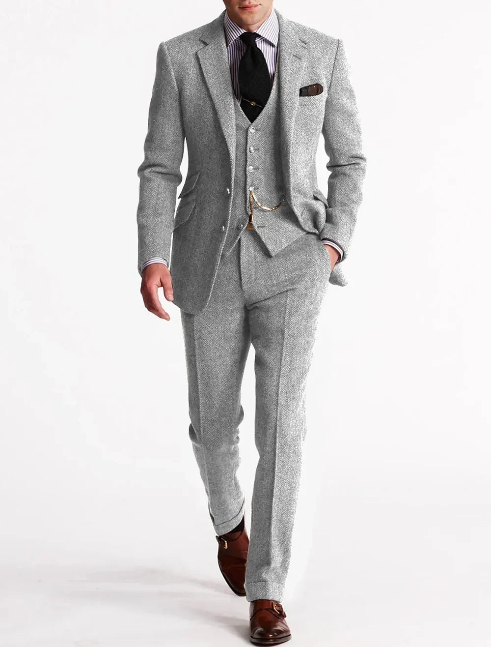 Homixa Avesene two-piece tweed tuxedo suit with tailored jacket and flat-front trousers, stylish and elegant for formal occasions.