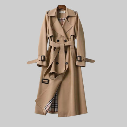 Women's belted double-breasted trench coat by Emily Carter, shown with classic design and stylish belt detail.
