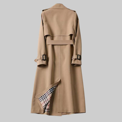 Emily Carter women's belted double-breasted trench coat hanging on a hanger, showcasing classic style and tailored design.