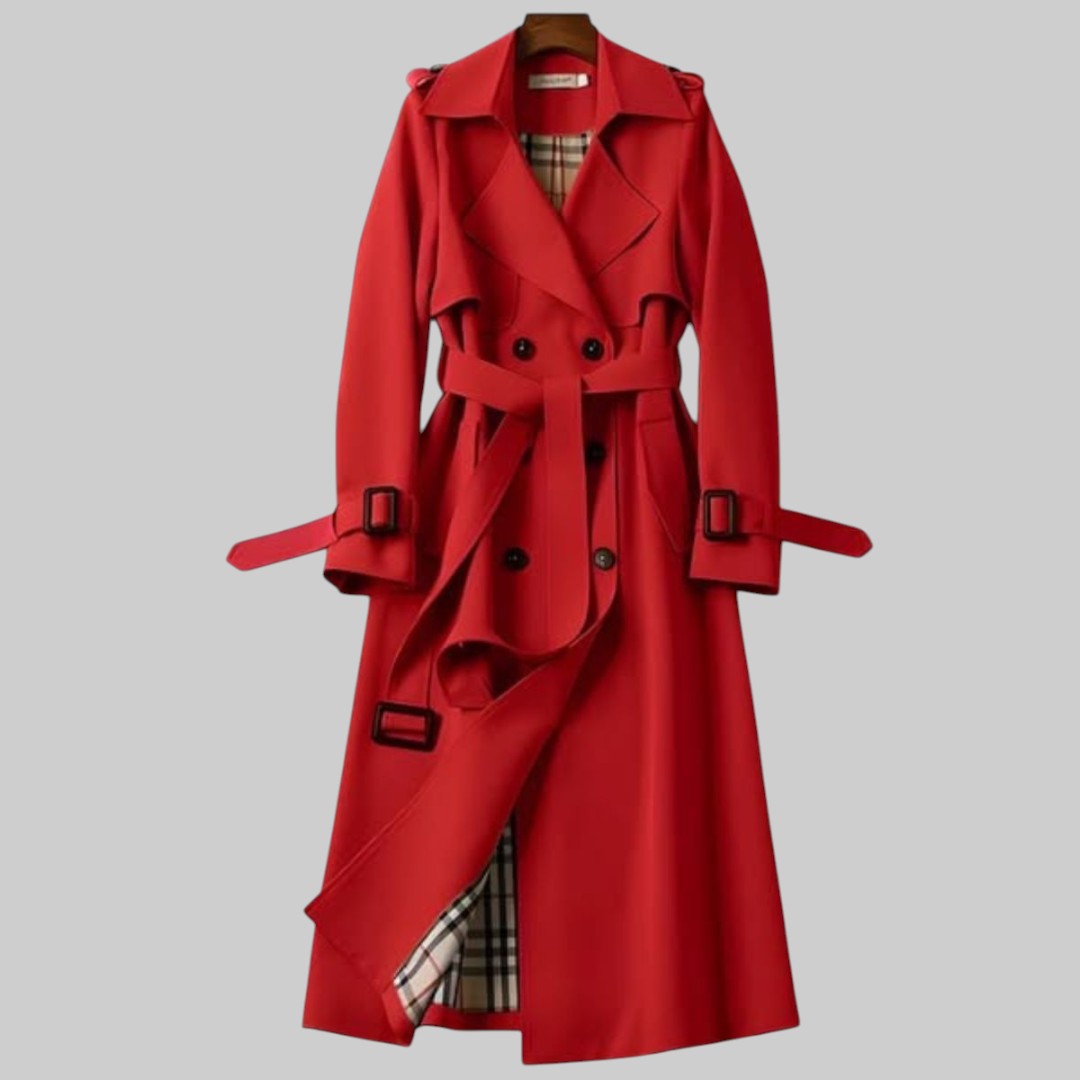 Women's belted double-breasted trench coat by Emily Carter, stylish outerwear with classic design and tailored fit.