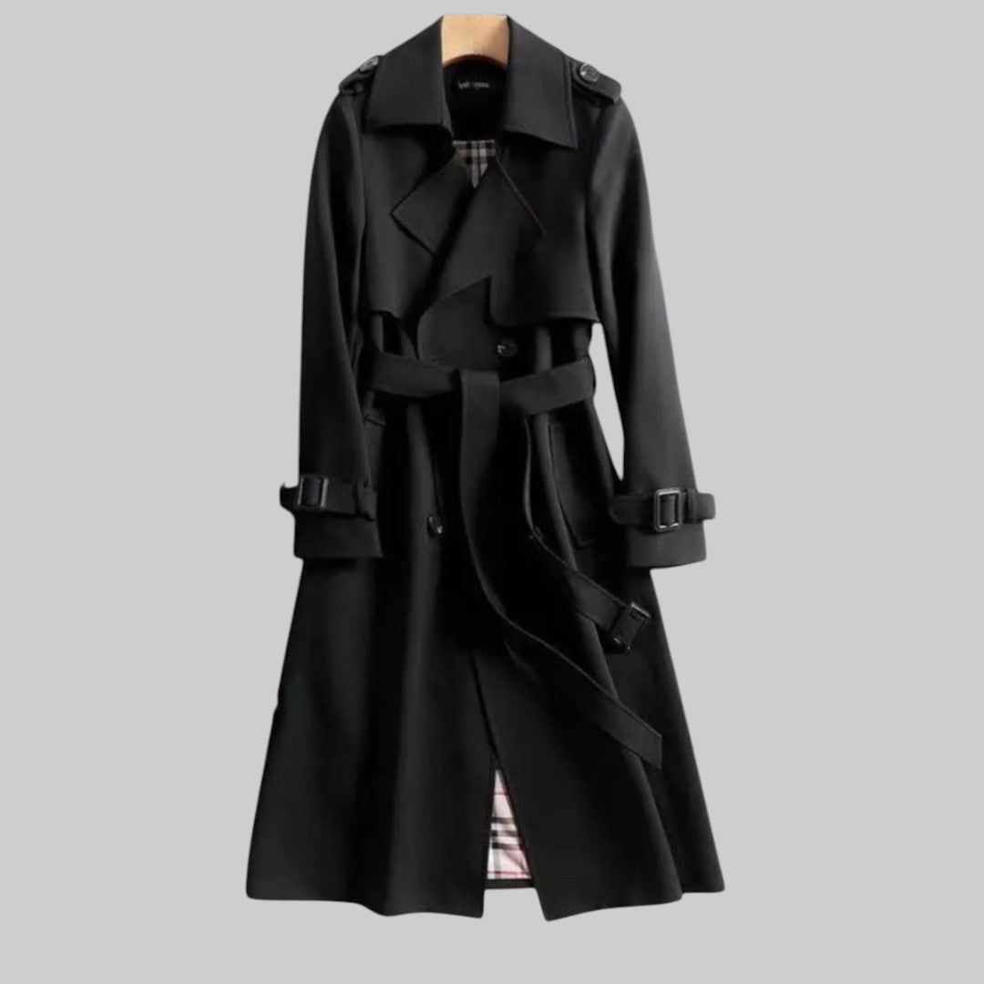 Women's Emily Carter trench coat with double-breasted design and belt, shown in a stylish, classic fit.