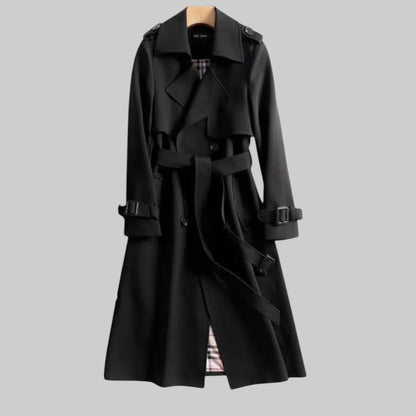 Women's Emily Carter trench coat with double-breasted design and belt, shown in a stylish, classic fit.