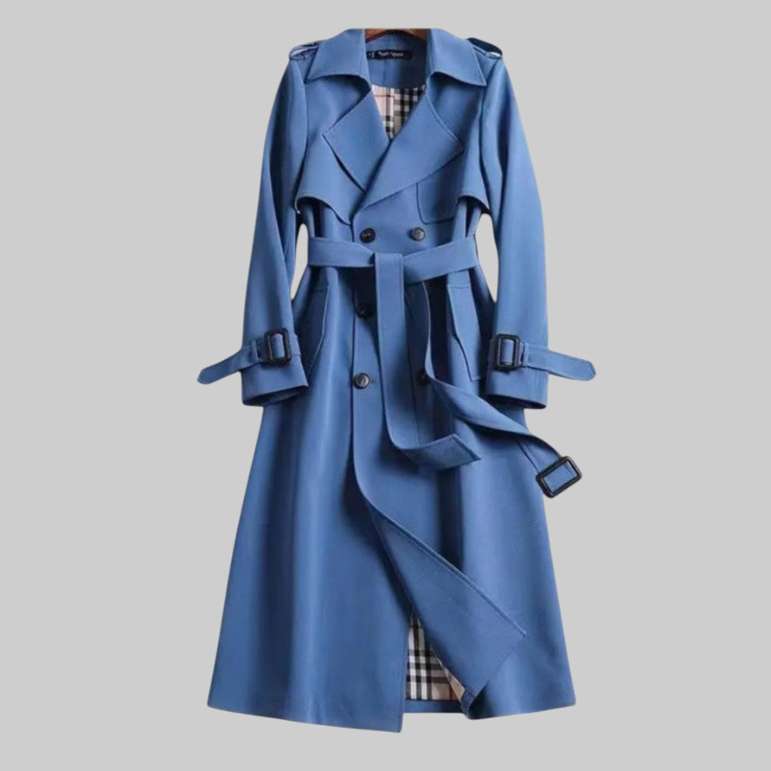 Women's belted double-breasted trench coat by Emily Carter, shown in a stylish, classic design with a waist belt.