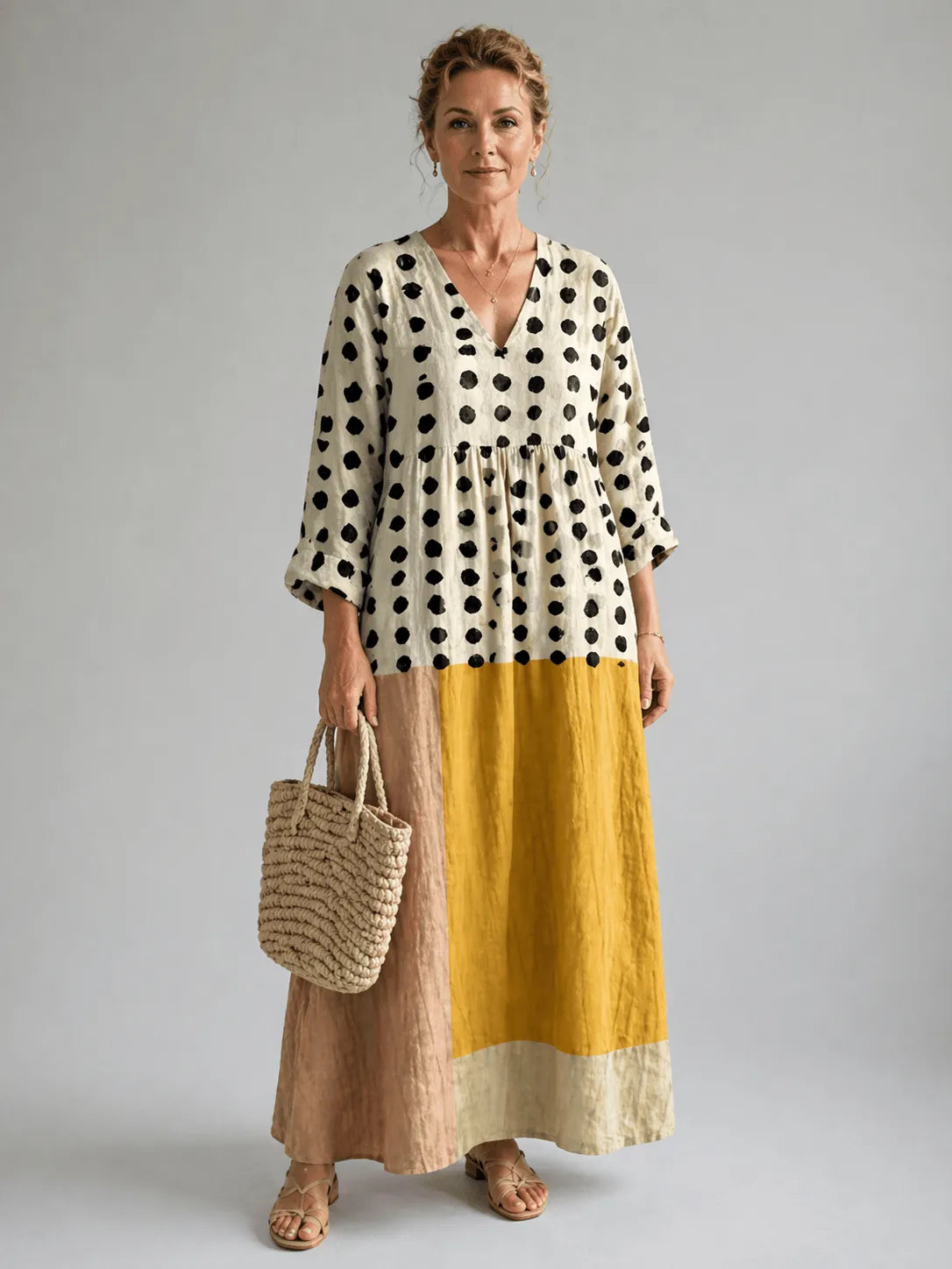 Homixa women's color-block polka-dot maxi dress featuring vibrant patterns and a flowing silhouette.