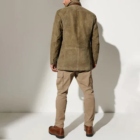 Homixa Caelisse Men's Palermo leather jacket with contrast collar, button front, and welt pockets, shown in black leather.