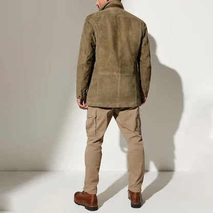 Homixa Caelisse Men's Palermo leather jacket with contrast collar, button front, and welt pockets, shown in black leather.