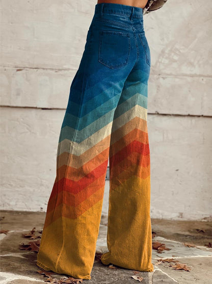 Loppist CALLIE™ Retro Chevron Wide-Leg Pants with high waist and bold chevron pattern, styled with a casual top.
