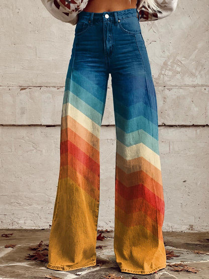 Callie™ Loppist retro chevron wide-leg pants with bold pattern and high waist, displayed on a model in a stylish urban setting.