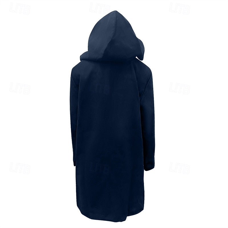 Harper & Wells Fletcher hooded toggle overcoat displayed on a model, featuring a stylish coat with toggle buttons and a hood.