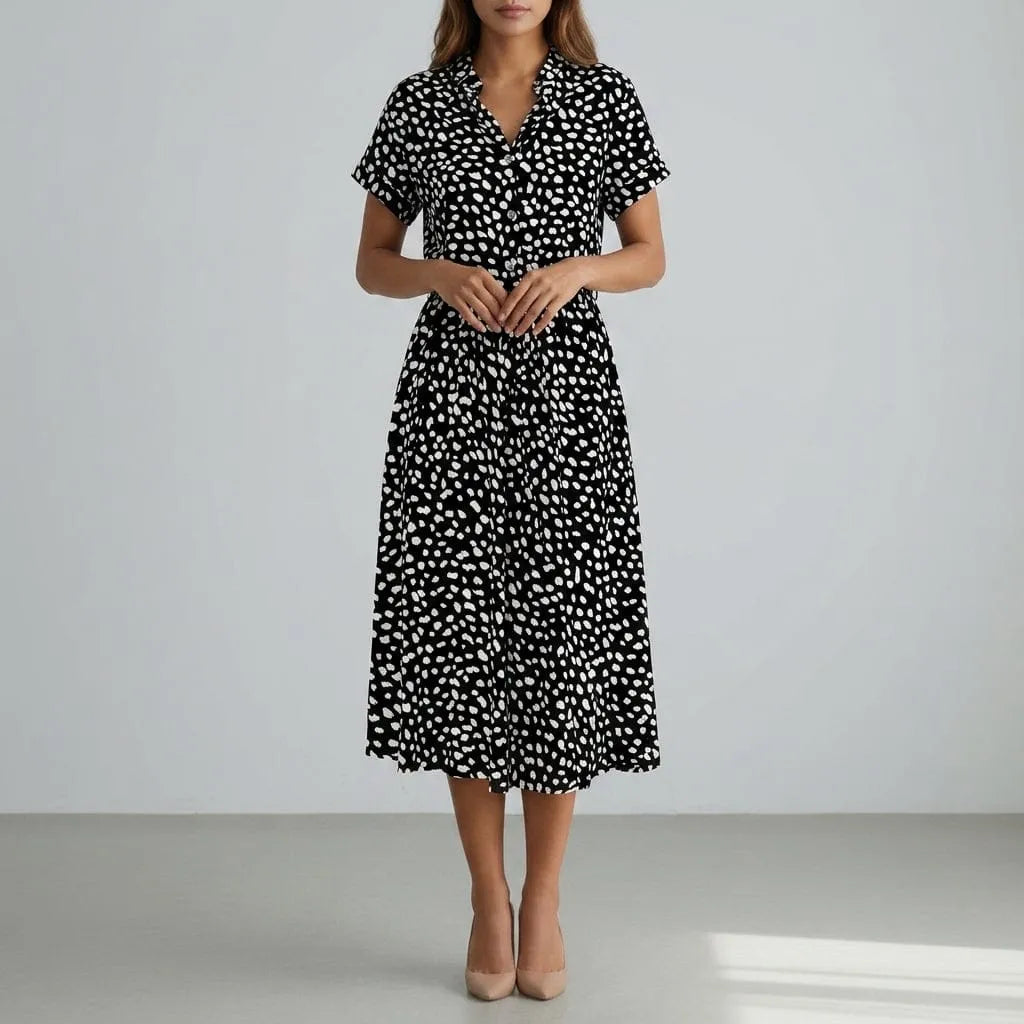 Polished Women's Spotted Print Button-Front Midi Shirt Dress by Homixa, featuring a stylish midi-length design and short sleeves.