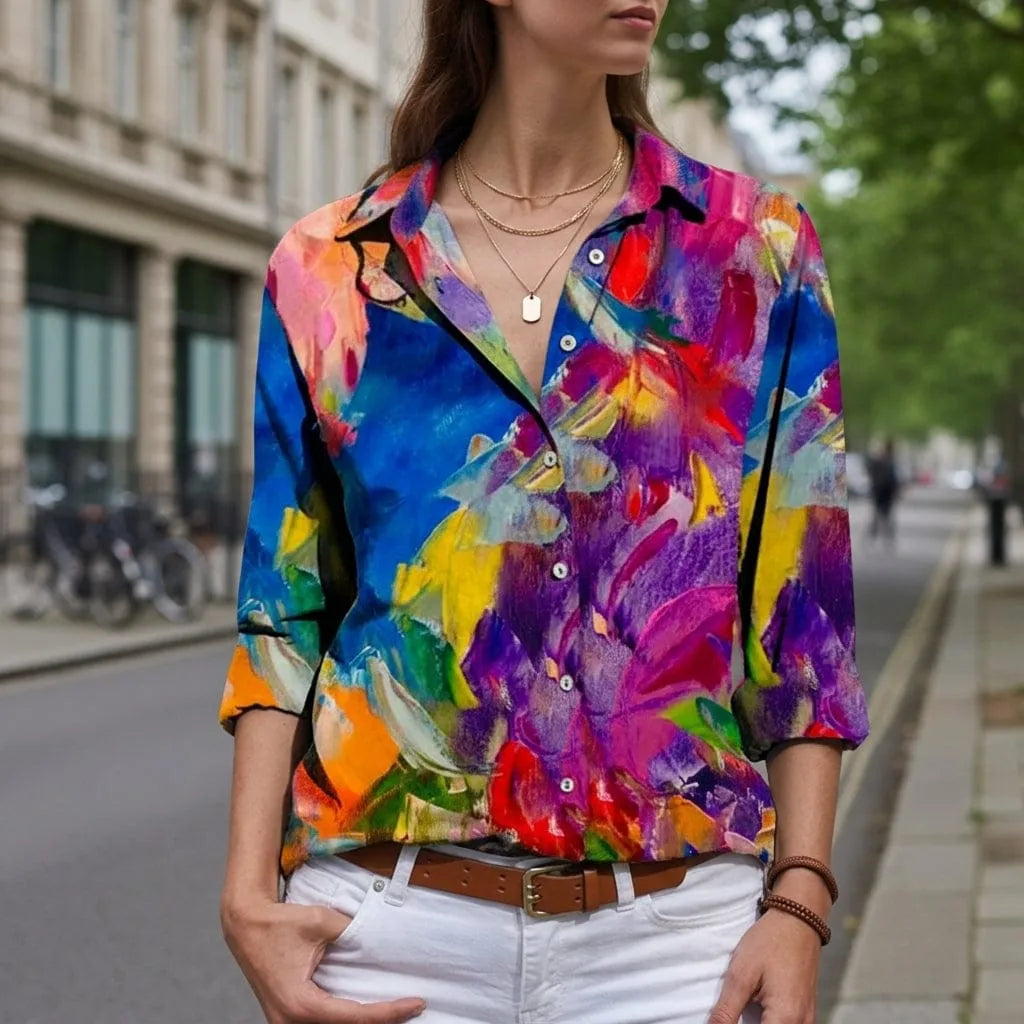 Homixa women's long sleeve striped button-up shirt in multicolor design, casual style with collar and button closure.