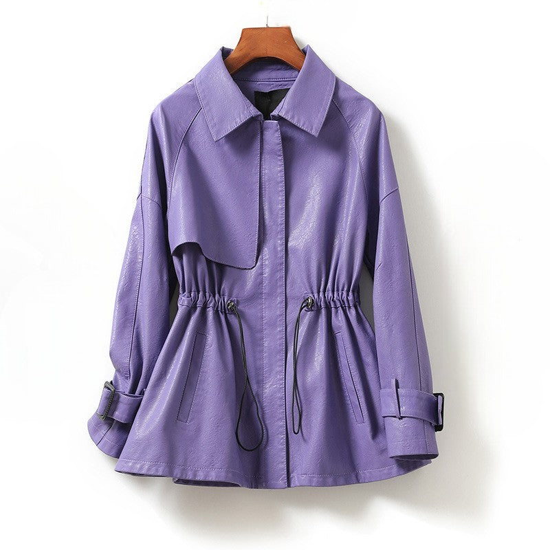 Lavender leather jacket by Jack Hafford, featuring stylish design and smooth leather texture, displayed on a plain background.