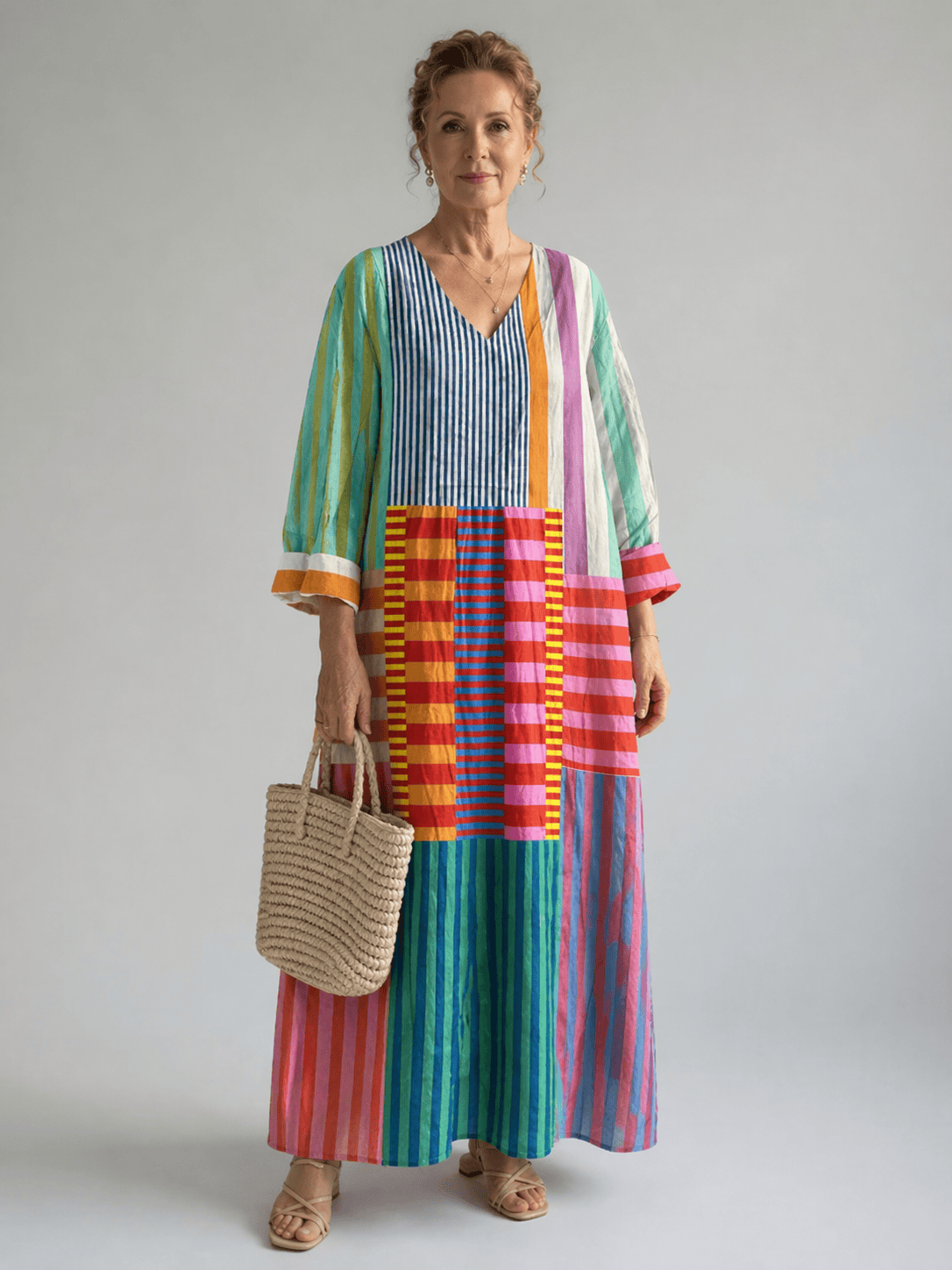 Lobke | Women's Patchwork-Stripe V-Neck Maxi Dress - product image 1