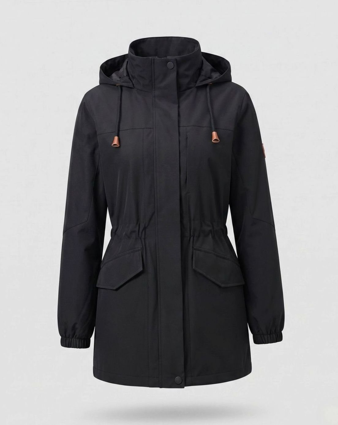 Homixa long water-resistant hooded polyester parka with drawstring waist and front flap pockets, suitable for rainy weather.