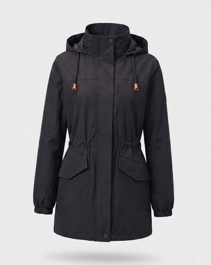 Homixa long water-resistant hooded polyester parka with drawstring waist and front flap pockets, suitable for rainy weather.