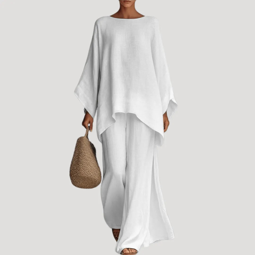 Homixa women's batwing top and wide-leg pant set, stylish two-piece fashion ensemble with flowing sleeves and relaxed fit.