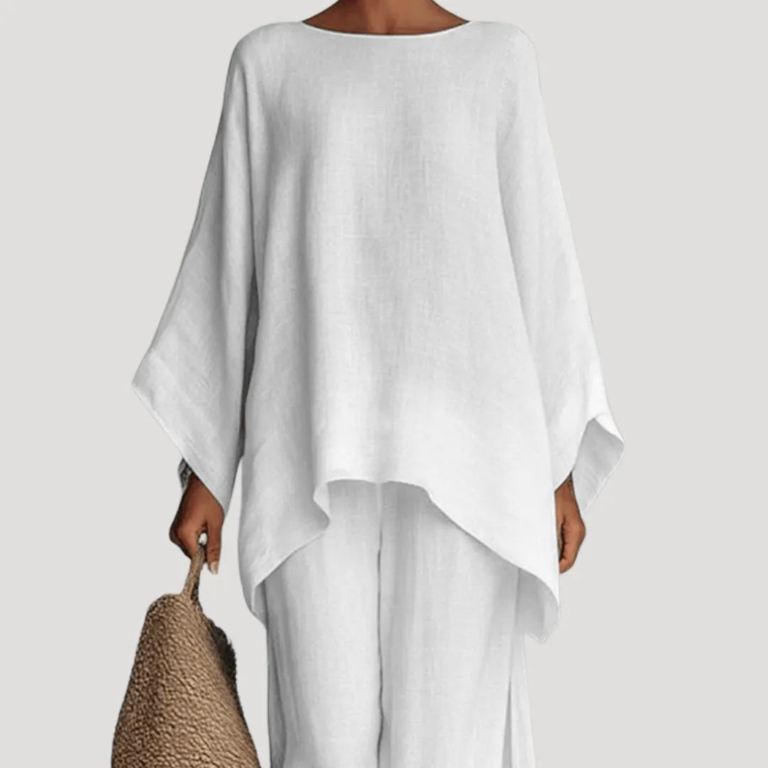 Women's Luna batwing top and wide-leg pant set, stylish two-piece outfit featuring flowing sleeves and comfortable, loose-fit pants.