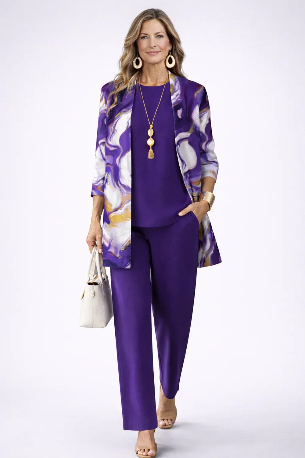 Mara | Women's Printed-Cardigan 3-Piece Wide-Leg Pant Set - product image 1