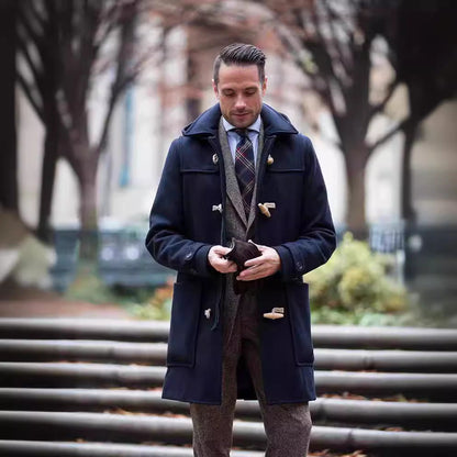 Men's classic duffle coat with toggle front, broad collar, and patch pockets by Homixa, stylish men's overcoat in traditional design.