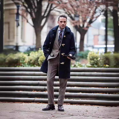 Men's classic duffle coat with toggle front, broad collar, and patch pockets, by Homixa. Stylish men's overcoat in traditional design.