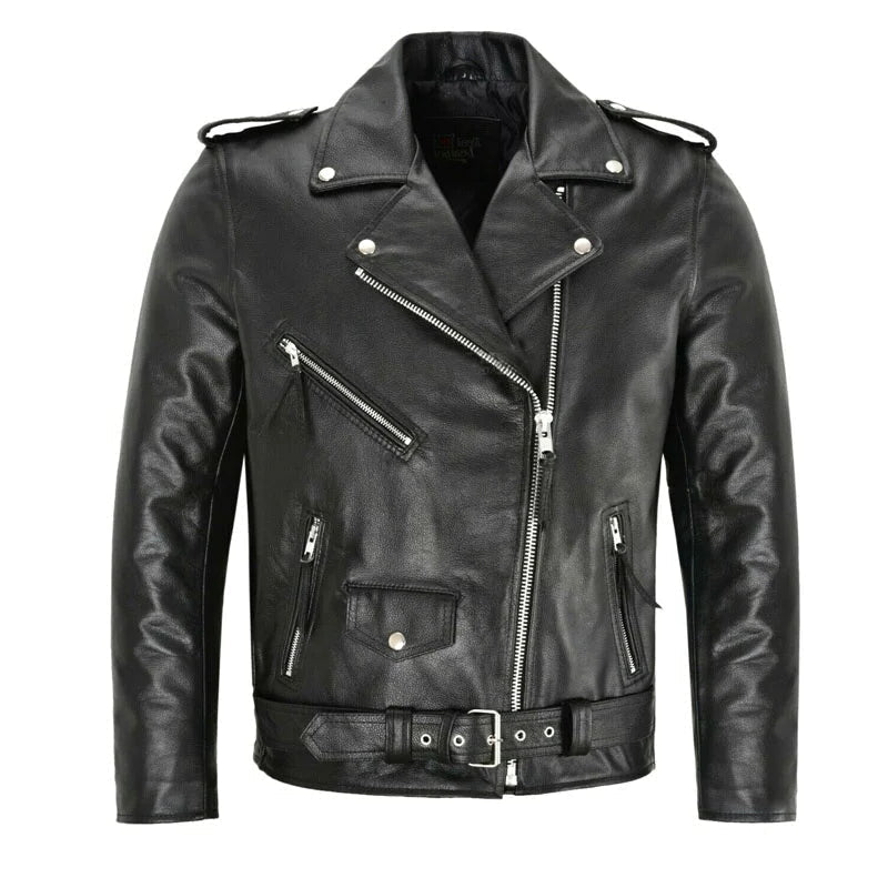 Men's black bomber jacket by Olive & Evy with adjustable belted hem and zippered chest pockets.