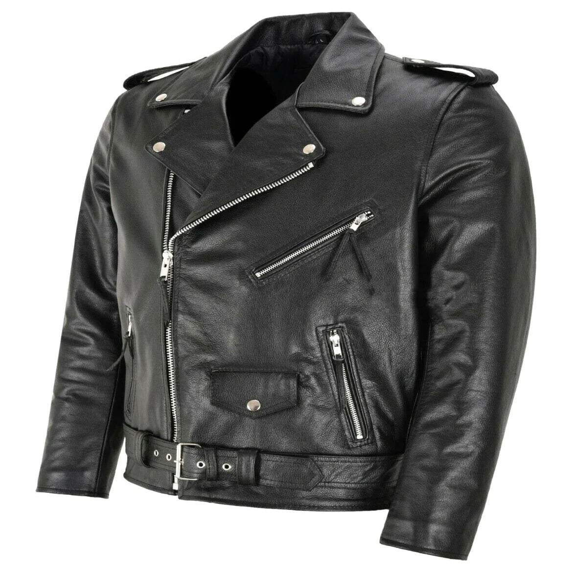 Men's black bomber jacket by Olive & Evy with adjustable belted hem and zippered chest pockets, stylish and modern.