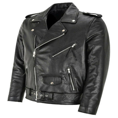 Men's black bomber jacket by Olive & Evy with adjustable belted hem and zippered chest pockets, stylish and modern.