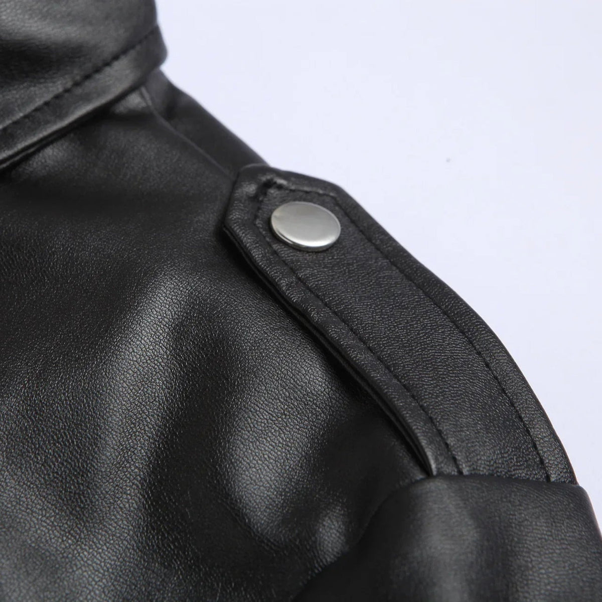 Men's black bomber jacket by Olive & Evy with adjustable belted hem and zippered chest pockets, stylish and modern outerwear.