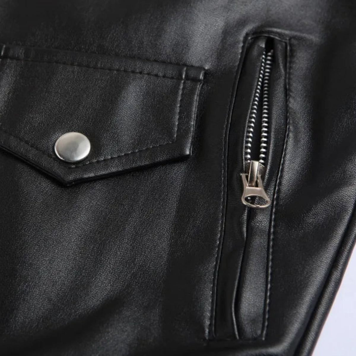 Men's black bomber jacket by Olive & Evy with adjustable belted hem and zippered chest pockets, stylish and modern outerwear.