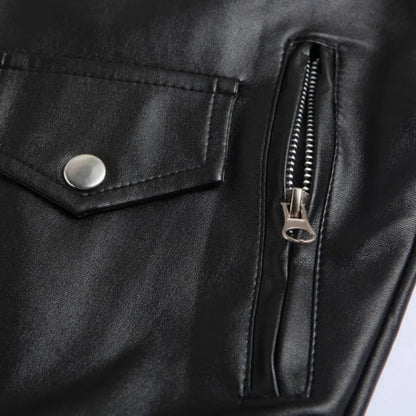 Men's black bomber jacket by Olive & Evy with adjustable belted hem and zippered chest pockets, stylish and modern outerwear.