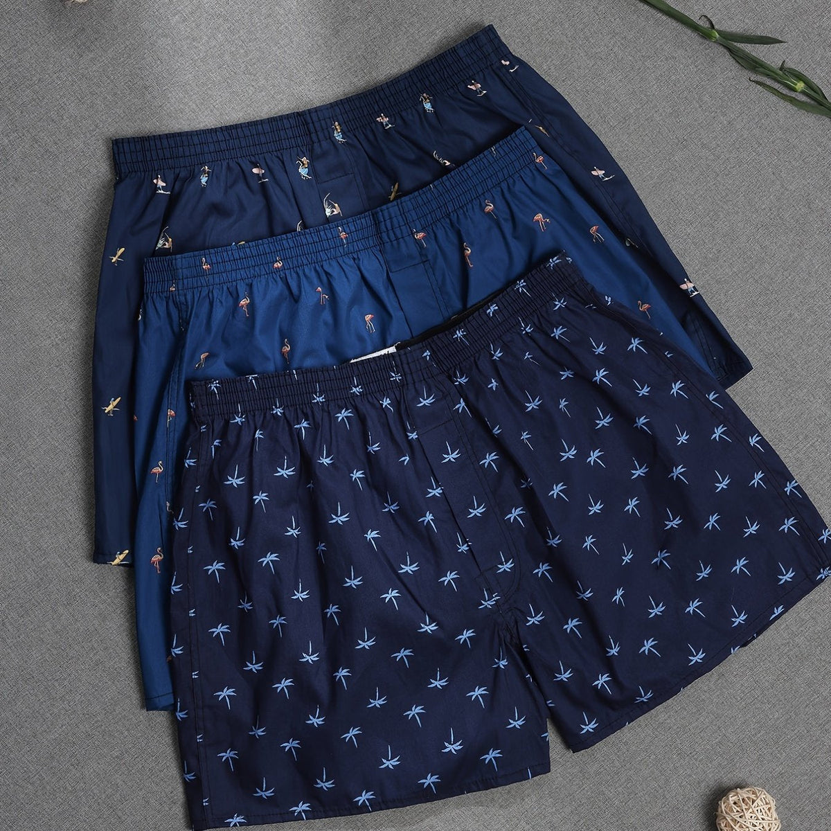 Men's Homixa Avethia 3-pack cotton boxer shorts with modern plant print, gathered waistband, and loose legs for comfortable daily wear.