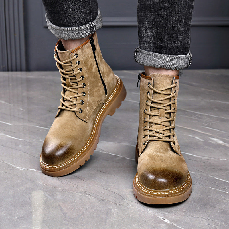 Homixa men's ankle boots with lace-up front, side zipper, round toe, and rugged lug sole, designed for stylish men's footwear.