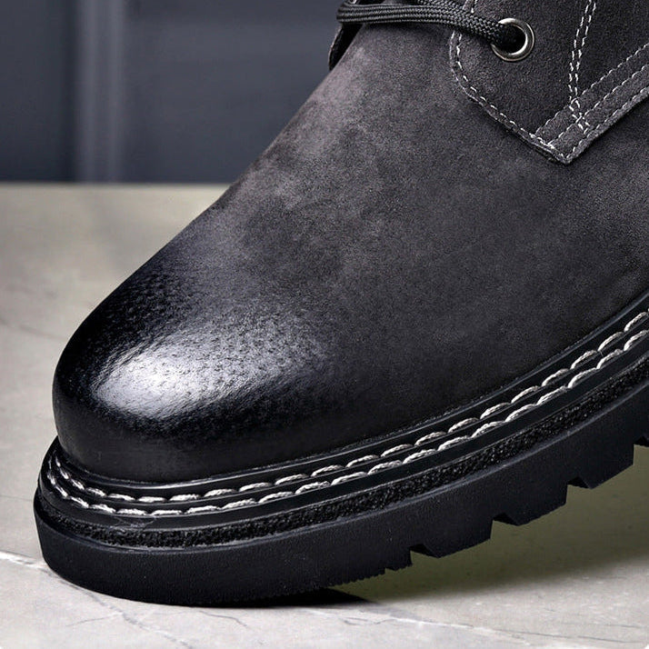 Homixa men's ankle boots with lace-up front, side zipper, round toe, and lug sole, showcasing rugged leather footwear.