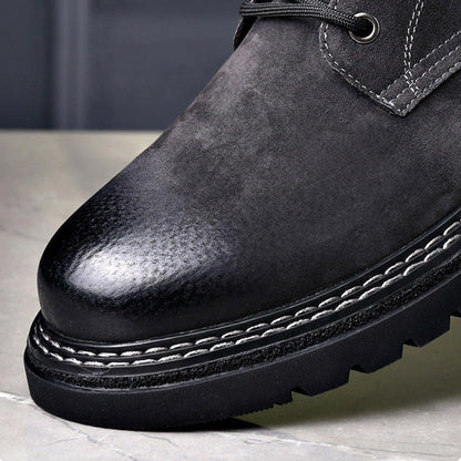 Homixa men's ankle boots with lace-up front, side zipper, round toe, and lug sole, showcasing rugged leather footwear.