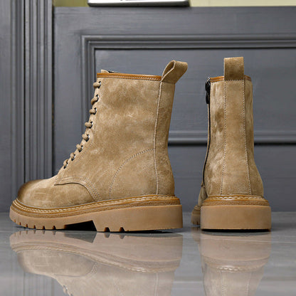 Homixa men's ankle boots with lace-up front, side zipper, round toe, and lug sole, displayed on a neutral background.