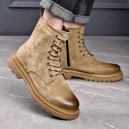 Homixa men's ankle boots with lace-up front, side zipper, round toe, and lug sole, stylish men's shoes and boots.