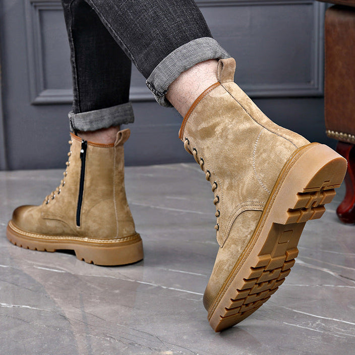 Homixa men's ankle boots with lace-up front, side zipper, round toe, and lug sole, showcasing stylish men's leather shoes.