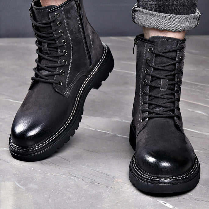 Homixa men's ankle boots with lace-up front, side zipper, round toe, and lug sole, shown from a side angle.
