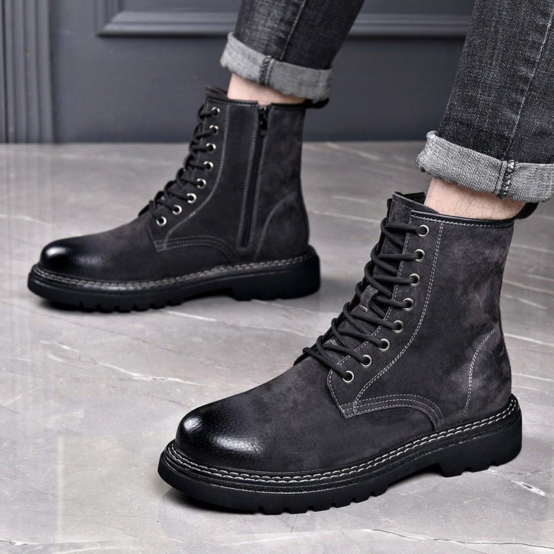 Men's Homixa ankle boots with lace-up front, side zipper, round toe, and rugged lug sole, stylish men's shoes boots.