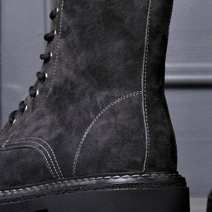 Homixa men's ankle boots with lace-up front, side zipper, round toe, and rugged lug sole, stylish men's shoes for casual wear.