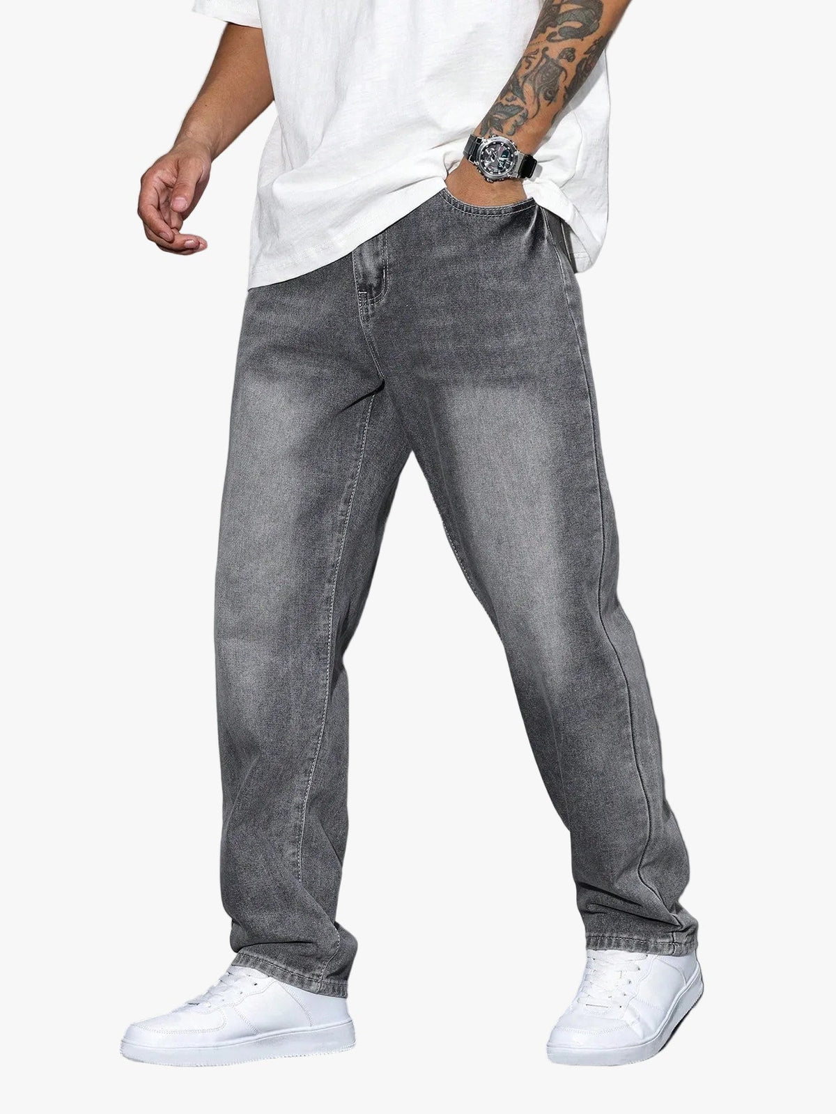 Men's baggy denim jeans by Kate and Wendy with zip fly and five-pocket design, shown in a relaxed fit style.