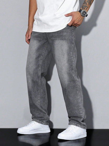 Men's baggy denim jeans by Kate and Wendy with zip fly and five-pocket design, showcased on a model.