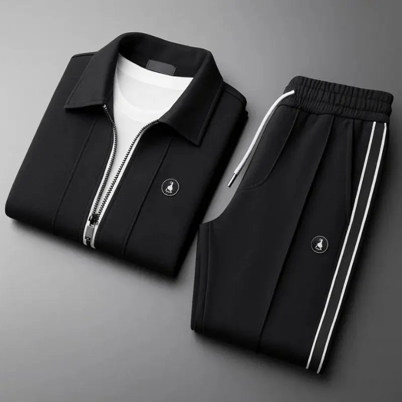 Men's breathable Lycra tracksuit set with zip-up jacket and matching joggers by Homixa, shown on a model.