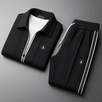 Men's breathable Lycra tracksuit set with zip-up jacket and matching joggers by Homixa, shown on a model.